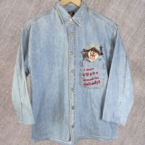 Vintage 1996 Warner Bros‎ Taz Denim Button-Up Shirt Small Blue Embroidered